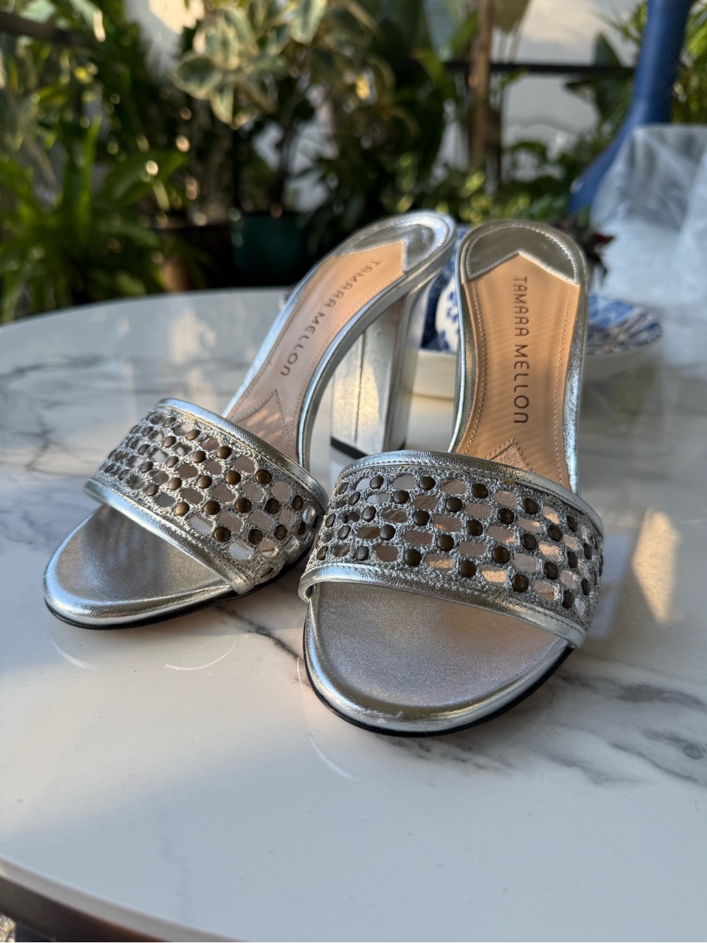 Tamara Mellon Silver Open-Toe Block Heel Slide size 8 EU38